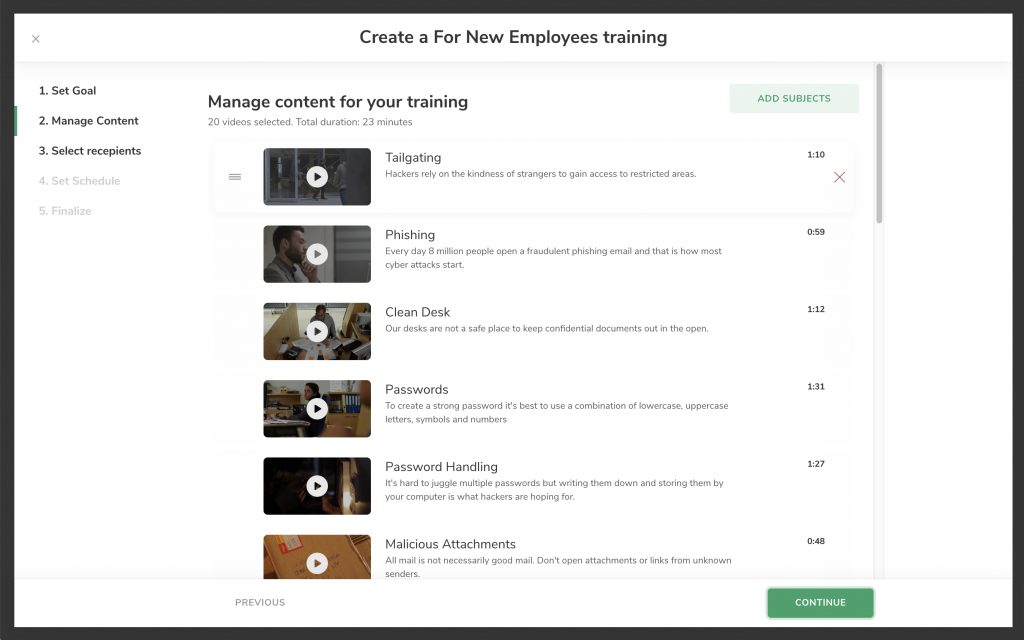 Screenshot from AwareGO Learning Management system showing creation of cybersecurity awareness training program