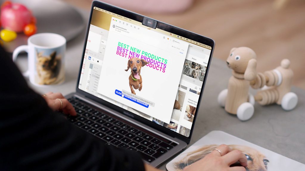 Still from one of our cybersecurity videos about spear phishing. A laptop screen on sofa table. All around is dachshund memorabilia to show special interest in a specific dog breed.