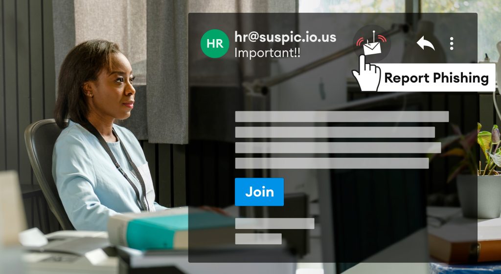 Woman sitting at office desk in front of computer. Superimposed on image is a screen showing a phishing email and a cursor hand clicking on a "Report Phishing" button. An example of a question used during employee cybersecurity risk audit. 