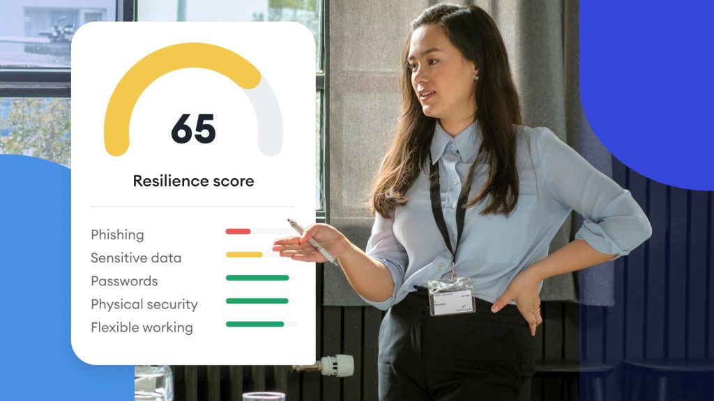 Security admin at an organization standing up to explain results of human risk assessment scoring. Showing how employees take cybersecurity seriously.