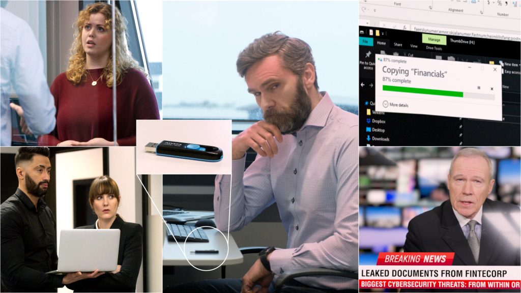 What is insider risk? Snapshot from AwareGO's Insider Risk Awareness video about malicious insiders and the importance of reporting suspicious behavior at the office. Photo is a collage of female supervisor talking to an unhappy employee. Coworkers witnessing the scene. Employee copying data onto a USB drive and subsequent news coverage about leaked data.