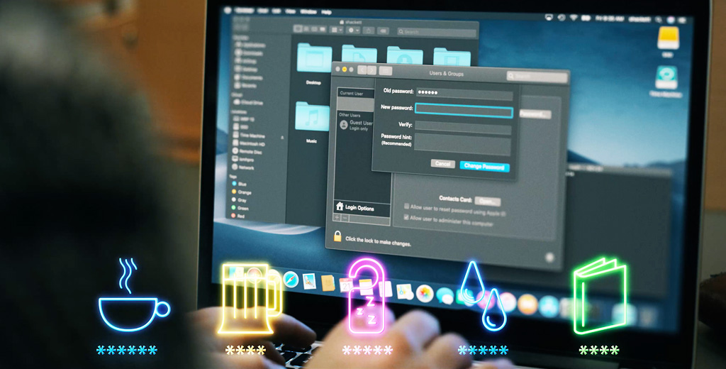 Computer screen on a laptop showing somone type in a passphrase made from superimposed neon colored icons on the image. Still from cybersecurity awareness training video from AwareGO.
